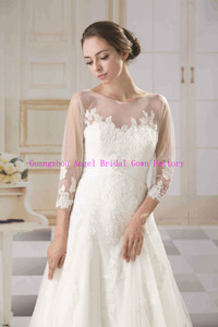 <span class=keywords><strong>2015</strong></span> Guangzhou elegante mangas hasta el codo vestidos de novia de encaje una línea fritas con AG070 trenes largos - Product Image 3