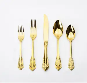 Popular Royal Palace style 18/10 gold stainless steel cutlery with fork knife and spoon