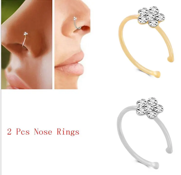 Small Thin Flower Clear Crystal Nose Ring Stud Hoop Sparkly Crystal Nose Ring