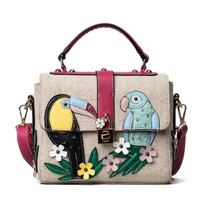 european and American fashion canvas small square bag birds and flowers print new trend cute bag