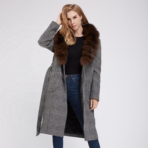 Estilos populares damas en <span class=keywords><strong>lana</strong></span> y <span class=keywords><strong>cachemir</strong></span> a cuadros abrigo con cuello <span class=keywords><strong>de</strong></span> piel <span class=keywords><strong>de</strong></span> zorro - Product Image 5