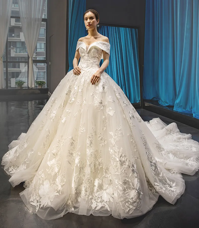 RSM66599 Năm Mới Ăn Mặc Phụ Nữ Ren Tắt Vai Dresses Thời Trang Wedding Gown