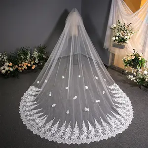 Bride veil Chapel wedding veil with sequined French lace sweeping bottom of veil with rhinestones scattered