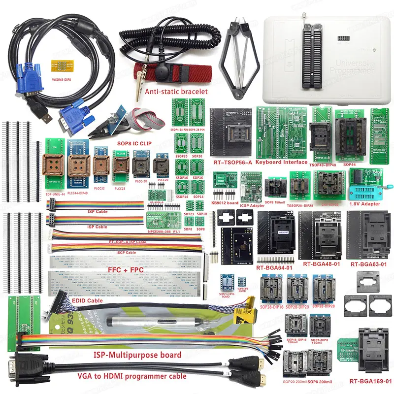 Complete Set EMMC-NAND FLASH IC Programmer RT809H with 55 Adapters Full Accessories