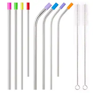 Set of 8 Stainless Steel Metal <strong>Straws</strong> with 2 Cleaning Brushes Silicon Cover for 20 30OZ Tumbler Coffee Mug Smoothie <strong>Milkshake</strong> - Product Image 1
