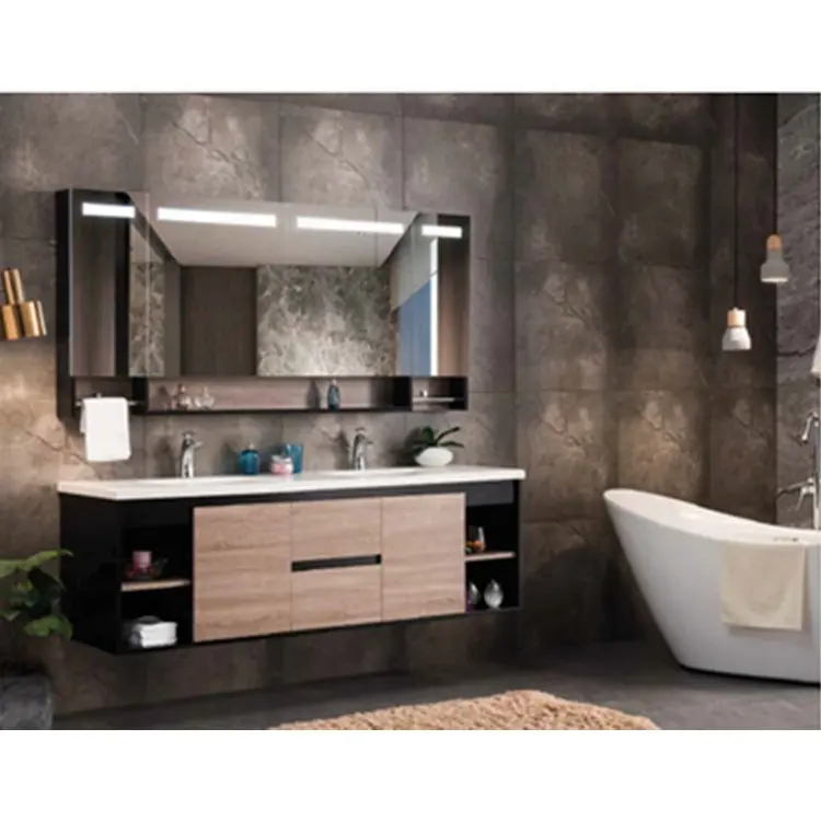 Chaozhou Water Resistant Hotel Pakistan 30 Inch Single Sink PVC Black Modern Luxury Wall Mount Floating Cabinet Bathroom Vanity