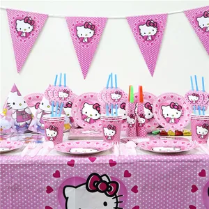 Juego de vajilla desechable para decoración de fiestas temáticas Hello Kitty para niños, suministros para fiestas de cumpleaños