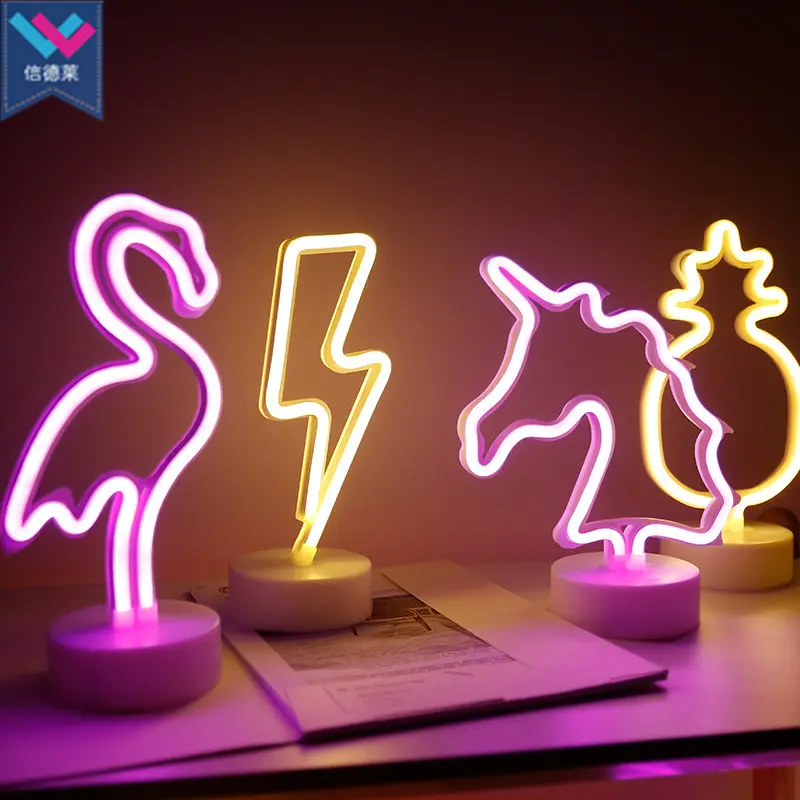 Luz Led nocturna de neón para mesa, lámpara de luz LED nocturna de neón con forma de Cactus, piña y unicornio