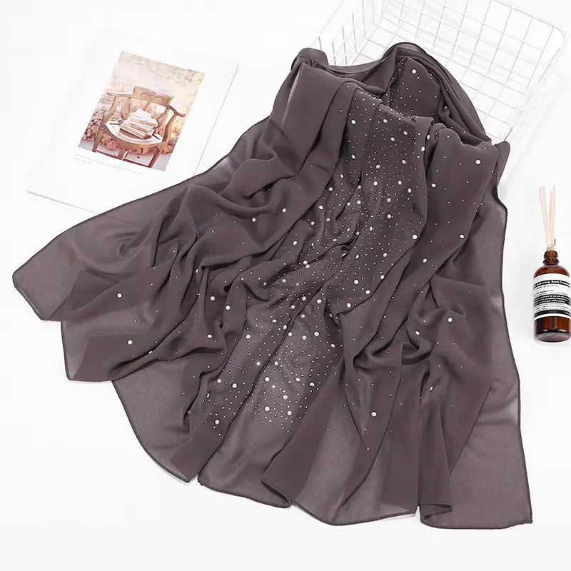 Chiffon hijab solid colors high quality pearl chiffon scarf with beads