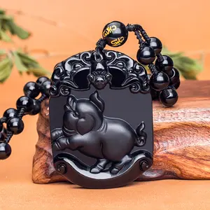 Delicate Natuurlijke Zwarte Obsidiaan Gesneden Zodiac Varken Geluk Amulet Hanger Ketting Etnische Sieraden