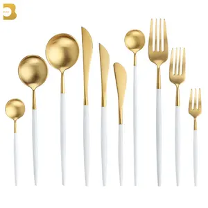 <span class=keywords><strong>Portugais</strong></span> 18 8 Couverts Maison Vaisselle Doré Mat Blanc et Or Couverts En Acier Inoxydable - Product Image 1