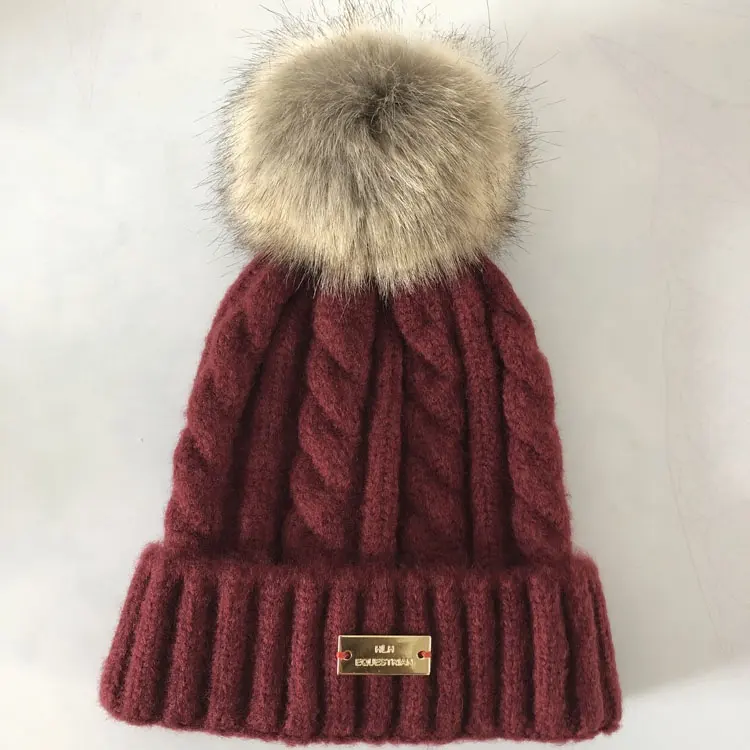 Personalizzato caldo di spessore in azioni faux fur pom pom intrecciato di lana beanie