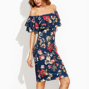 Mode été Vêtements À Manches Courtes Hors Épaule Volants Gaine Femmes Robe Florale - Product Image 2