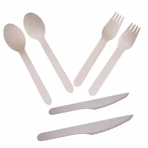 100% Compostable Conjunto De Talheres Peças De Utensílios Compostáveis De Madeira Garfos De Talheres De Madeira Descartáveis E Colheres Disposa