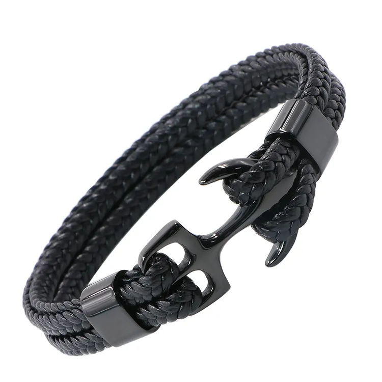 Hot Selling Mens Accessory High Finish Custom Stainless Steel Anchor Braided Black Leather Bracelet For Men Father's day gift