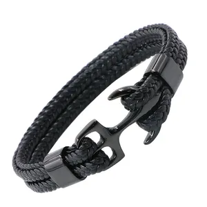 Custom Stainless Steel Anchor Bracelet Braided Black Leather Bracelet For Men