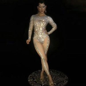 High Quality Gowns for Women Evening <strong>Dresses</strong> 2021 Long Sleeve <strong>Silver</strong> Rhinestone Jumpsuit Stretch Leotard Sexy Club Wear Vestidos - Product Image 3