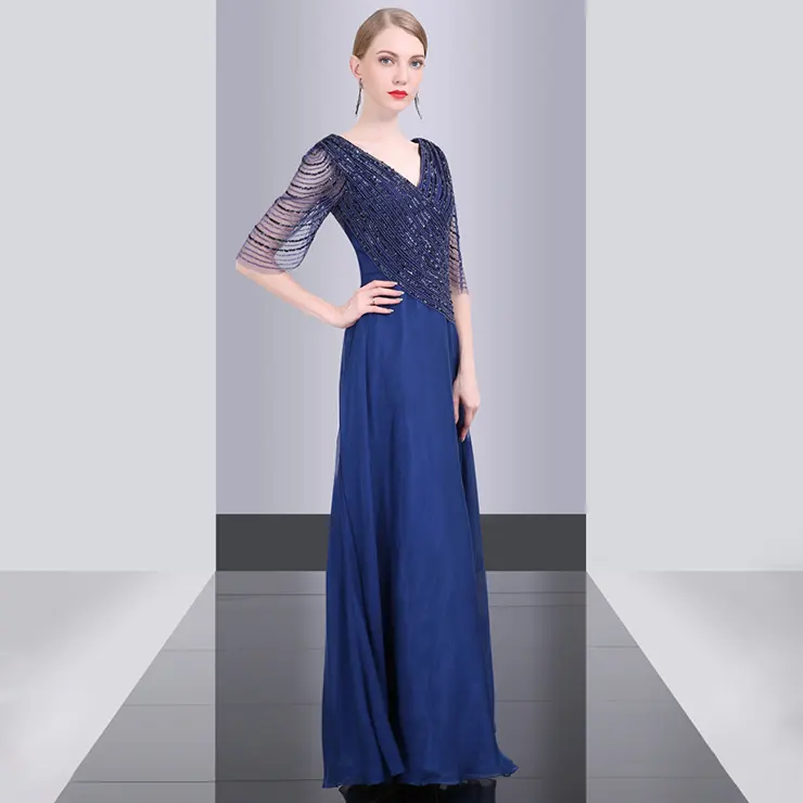 Customizable colors solid color maxi evening dresses navy sequined ball gown