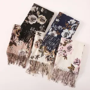 Wholesale Fashion Turkish Long Fringe Beautiful Flower Design Custom Print Tassel Muslim Scarf Hijab