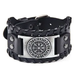 The Viking Compass Vegvisir Adjustable Metal Buckle Wide Genuine Leather Cuff Bracelet for women men