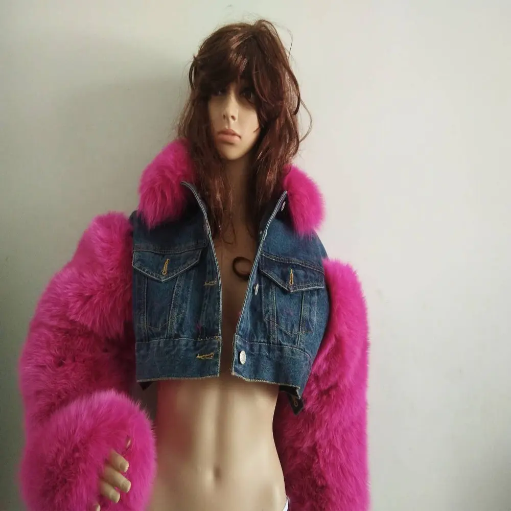 Real Fox Fur Denim Jacket with fur Collar fur arm for Women