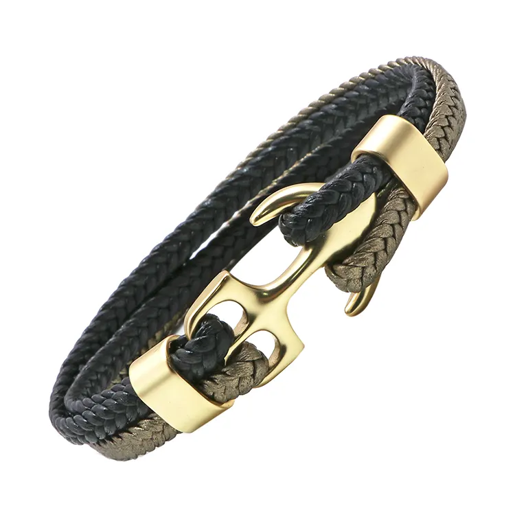 Black Bracelets High Quality Jewelry Black Gold Bracelet Mens Leather Bracelet With Gold Anchor Can Do Logo