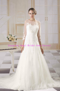 <span class=keywords><strong>2015</strong></span> Guangzhou elegante mangas hasta el codo vestidos de novia de encaje una línea fritas con AG070 trenes largos - Product Image 1