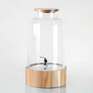 Modernes Design Großhandel klarglas Aufbewahrungsbehälter Wasserhahn Getränkespender mit Holzsockel und ABS oder Edelstahlhahn