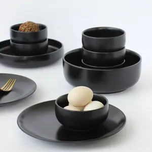Set Mangkuk Makan Kuat Gaya Jepang, Set Mangkuk Sup Nasi Keramik Hitam