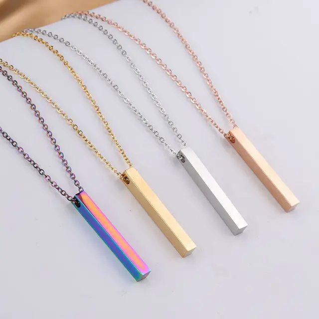 Personalised Name Custom Necklace Fashion Customized Stainless Steel Thin Vertical Bar Pendant Chain Necklace For Women