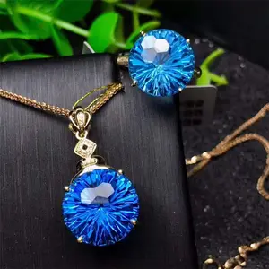Conjunto de anillo y colgante de oro de 18k con Topacio Azul suizo, joyería de piedras preciosas con diamantes naturales de Sudáfrica