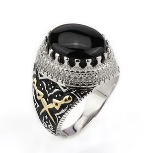 Bạc Man 925 Sterling Vintage Hai Tông Màu Mạ Signet Lớn Tự Nhiên Đen Agate Đá Ngón Tay Khắc Phong Cách Ả Rập Nhẫn