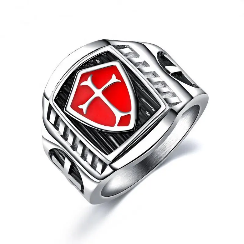 Stainless steel Punk rock jewelry ring vampire diaries damon salvatore ring,unique engraved shield ring red enamel jewelry