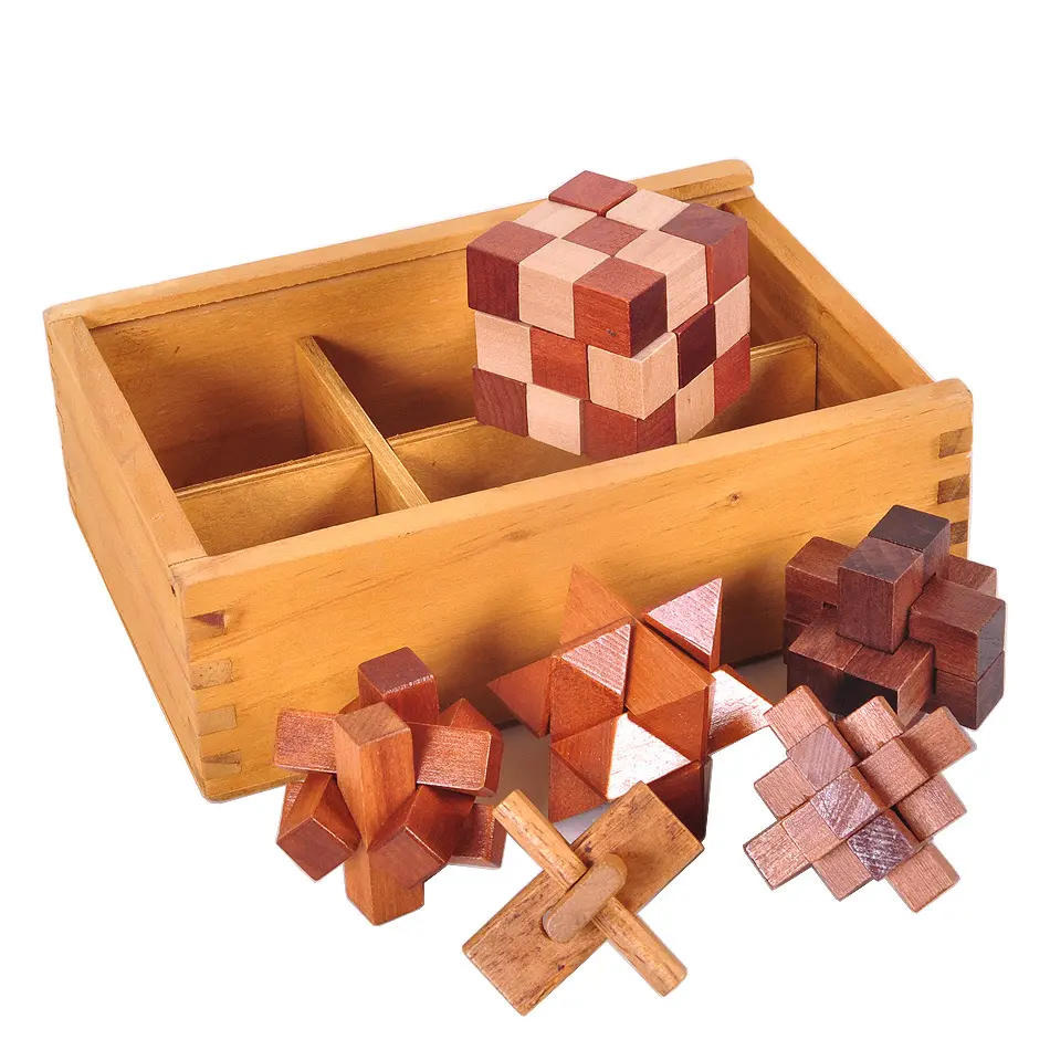 6-in-One Wooden Puzzle Game Set 3D Wood Jigsaw Luban Lock Includes Wood Interlocking Blocks, Diagonal Burr, Snake Cube