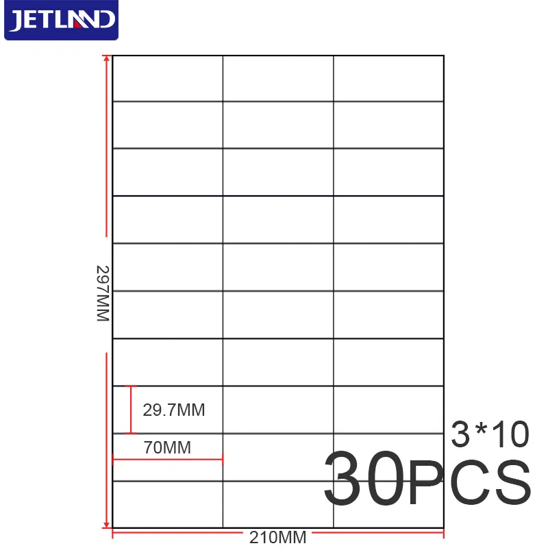 Label A4 Berperekat Kualitas Tinggi 70Mm * 29.7Mm 30 Buah Per Lembar Label Pengiriman Kustom