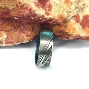 POYA Schmuck 8mm Kuppel Hochwertige Damaskus Stahl Inlay Box Elder Wurzelholz Ring für den Menschen