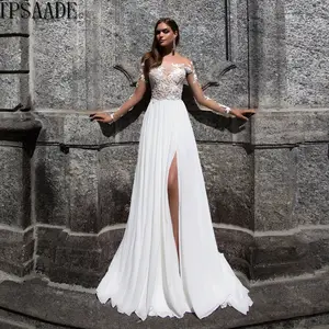 Illusion Lace Appliques Pleating Chiffon Wedding Dress Long Sleeve Split Front Floor-Length Bridal Gown 2020 Vestido de Novia