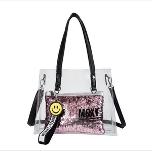 Tote Bag Style Women Transparent PVC Handbag Fashion Clear Plastic Sequin Glitter Inner Pouch Purse 2Pcs Set