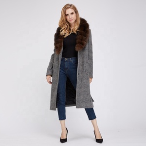 Estilos populares damas en <span class=keywords><strong>lana</strong></span> y <span class=keywords><strong>cachemir</strong></span> a cuadros abrigo con cuello <span class=keywords><strong>de</strong></span> piel <span class=keywords><strong>de</strong></span> zorro - Product Image 4