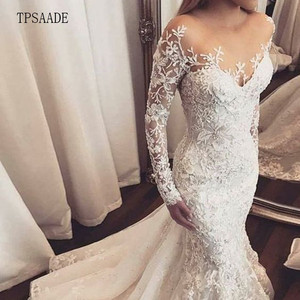 Vintage Sexy New Design Long Sleeve Lace Appliques Mermaid Wedding Dress Sequin Beaded Sheer Tulle Back Buttons Bridal Gown 2020