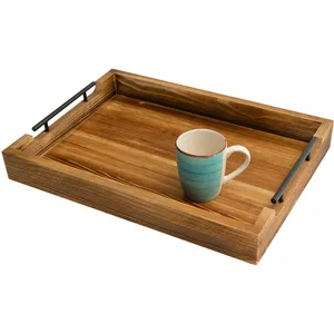 Plateau de service en bois artisanal, plateaux en bois rustiques avec poignée, taille 20x14 pouces, pour le petit déjeuner au lit