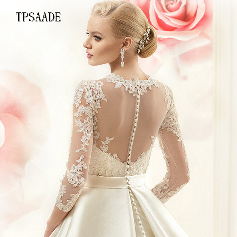 Luxury Champagne Satin Appliques 3/4 Sleeve Bridal Gown
