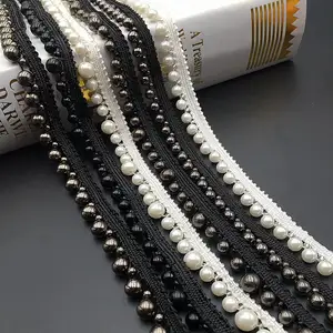 Pearl Beaded Lace Trim Vintage Mesh Fabric Paillette Lace Beaded Pearl Trim Braid Lace Applique