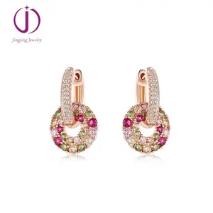 Hot sell fashion beautiful handmade jewelry colorful pink stone stud round hoop 925 sterling silver Young girl's earrings