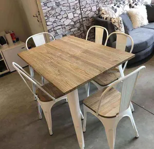 Ucuz lüks Vintage mobilya demir Metal bacaklar ahşap üst restoran yemek masası tasarımları