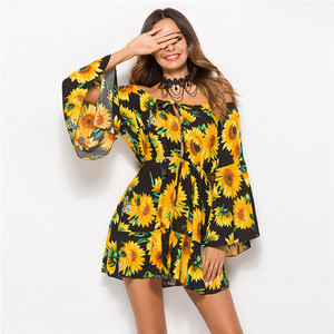 <span class=keywords><strong>Logo</strong></span> personnalisé 2019 D'été Off Épaule Longue Cloche Manches Floral Court Skater Robe Femmes - Product Image 1