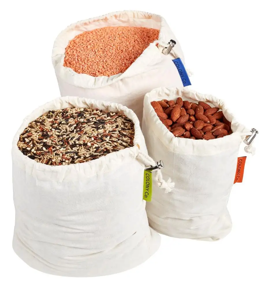 पुन: प्रयोज्य कपास धो सकते हैं के साथ कार्बनिक कपास सब्जी बैग कपड़ा रोटी बैग Drawstring मलमल कपास कपड़े का उत्पादन बैग