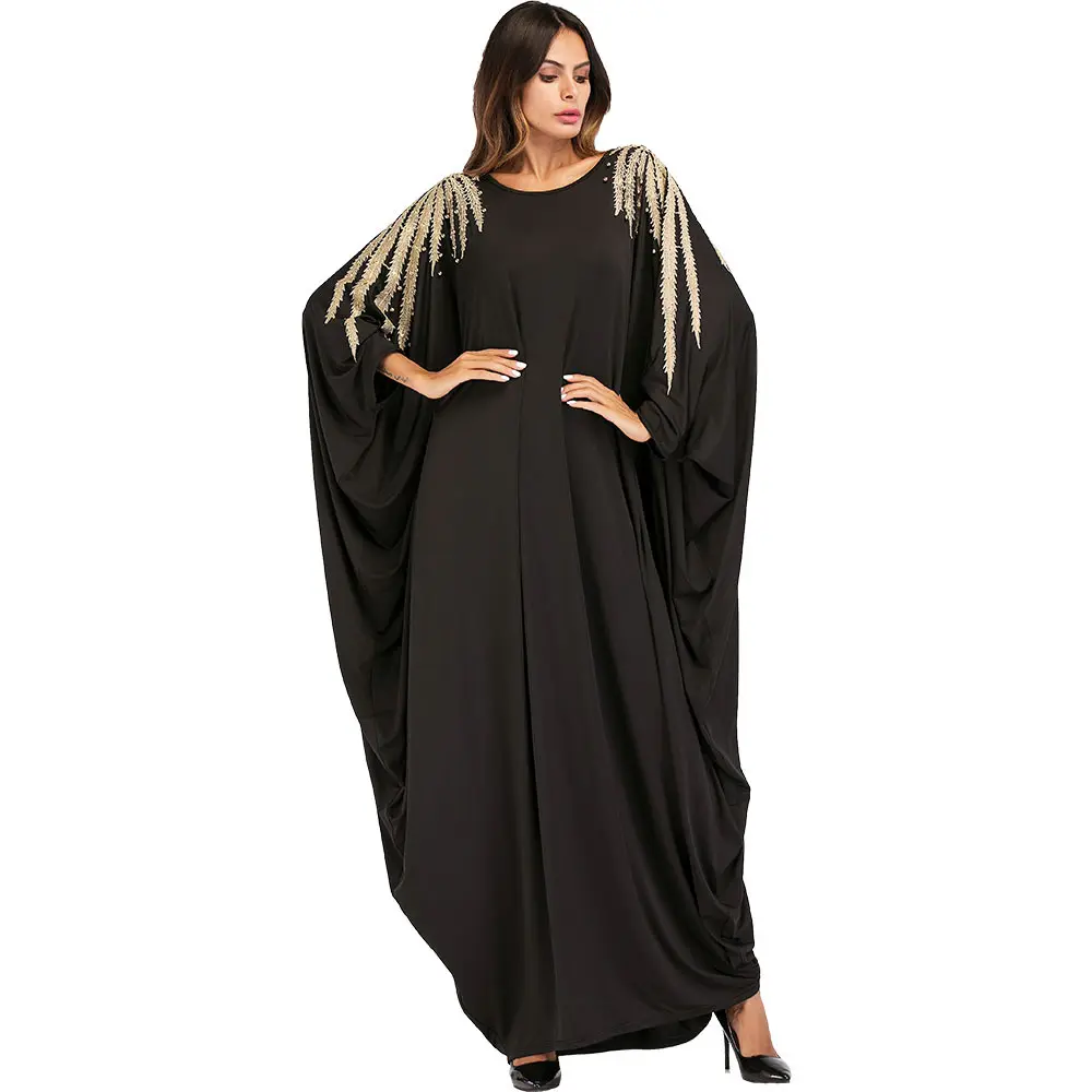 Muslim Dubai Beaded Bat Sleeve Robe Large Size Women's Dress Beautiful Muslim Ladies Black Abaya Dress for Party Wedding