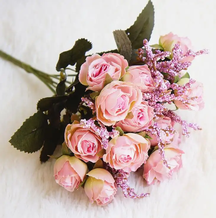 Buquê de rosas de seda artificiais, 15 cabeças, flores para buquê de casamento, noiva