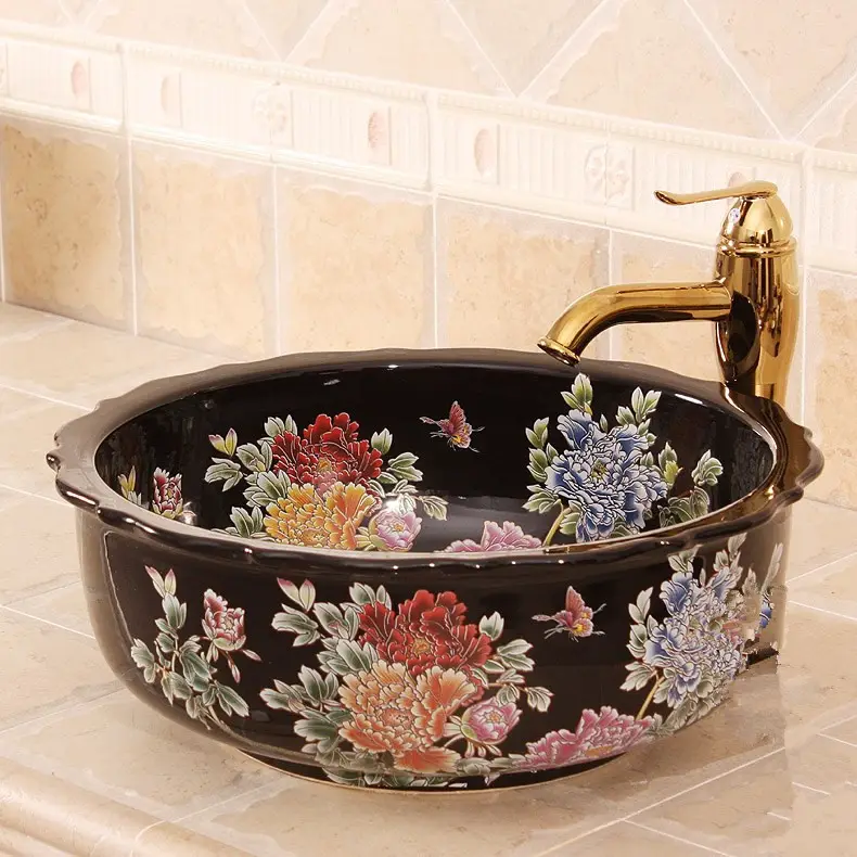 Évier de salle de bain en porcelaine artistique, fait à la main, Europe, Vintage évier, motif de pivoine noire